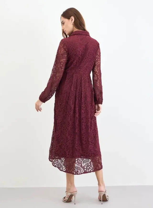 Burgundy Lace Wrap Midi Dress – image 5