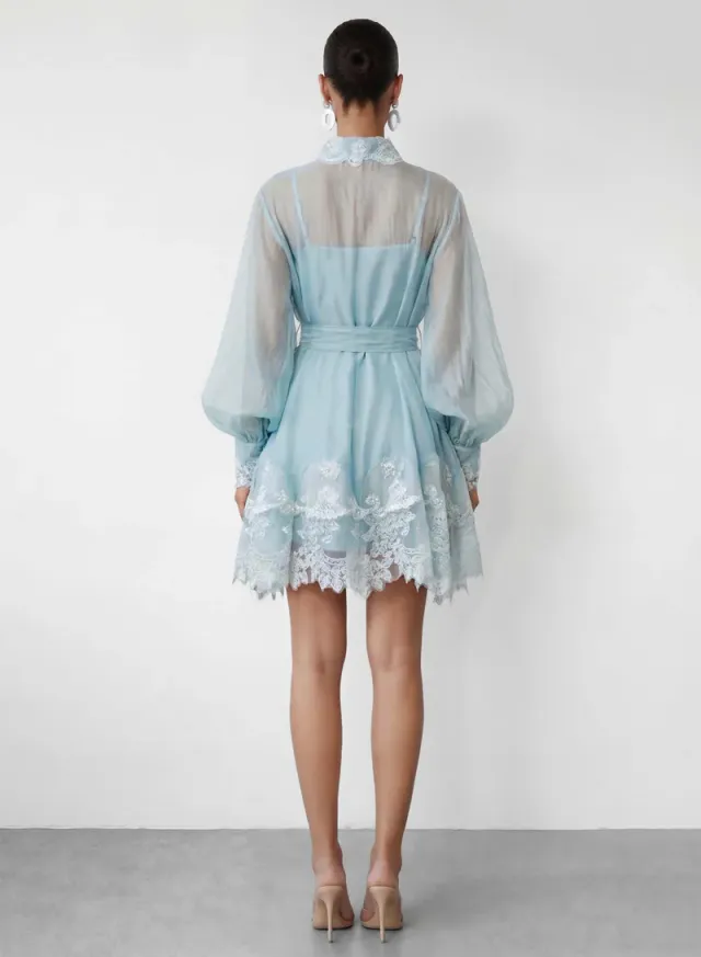 Blooming Love Blue Puff Sleeve Lace Trim Mini Dress – image 3