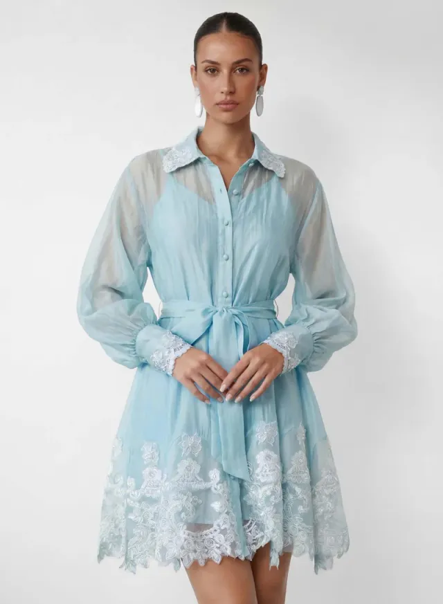 Blooming Love Blue Puff Sleeve Lace Trim Mini Dress – image 5