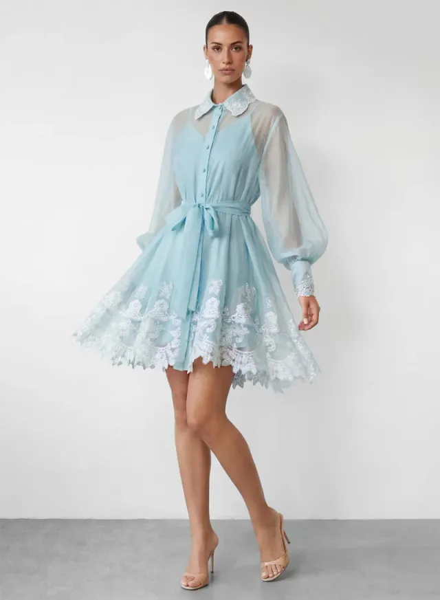 Blooming Love Blue Puff Sleeve Lace Trim Mini Dress