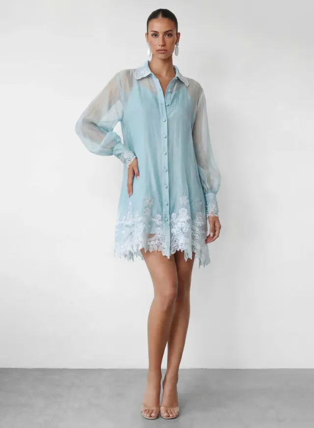 Blooming Love Blue Puff Sleeve Lace Trim Mini Dress – image 4