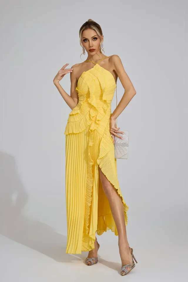 Moses Asymmetric Pleated Halter Dress