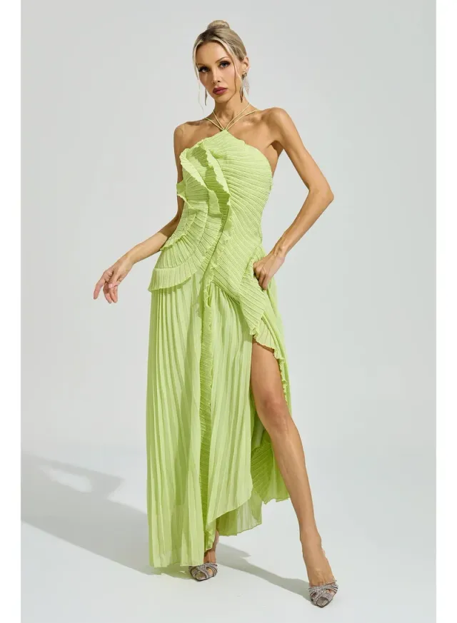Moses Asymmetric Pleated Halter Dress
