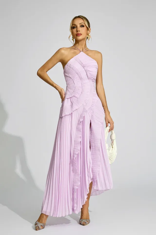 Moses Asymmetric Pleated Halter Dress
