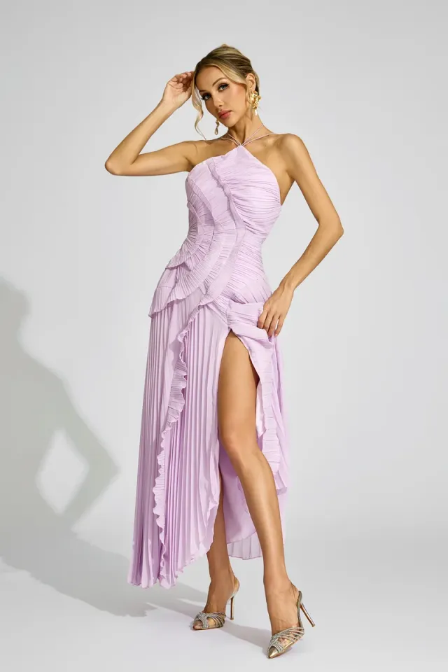 Moses Asymmetric Pleated Halter Dress – image 4