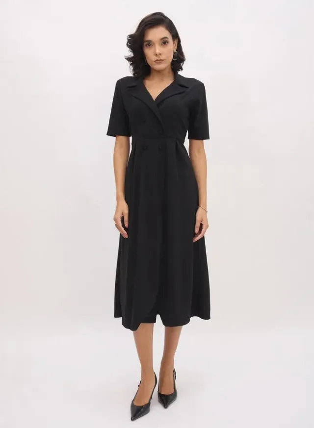 Women Black Notch Collar Buttoned Blazer Midi Dress – image 5