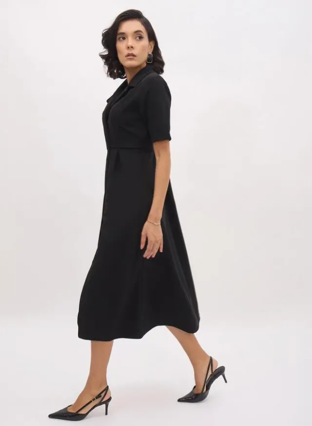 Women Black Notch Collar Buttoned Blazer Midi Dress