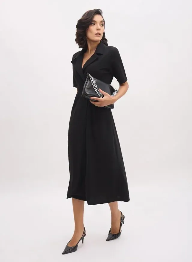 Women Black Notch Collar Buttoned Blazer Midi Dress – image 4