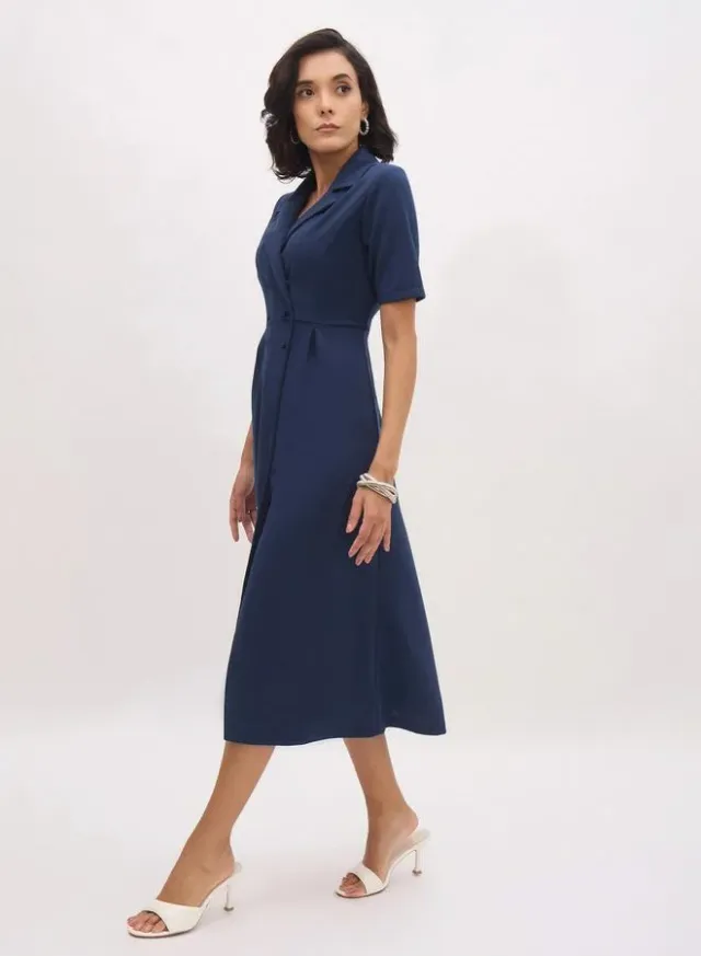 Women Black Notch Collar Buttoned Blazer Midi Dress