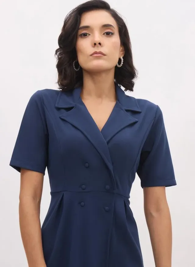 Women Black Notch Collar Buttoned Blazer Midi Dress – image 2
