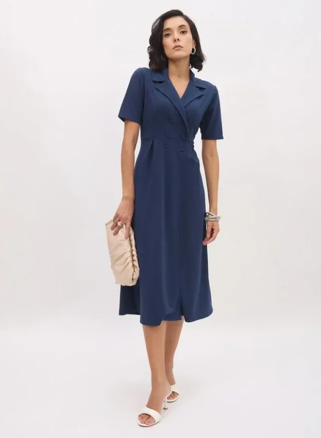 Women Black Notch Collar Buttoned Blazer Midi Dress – image 4