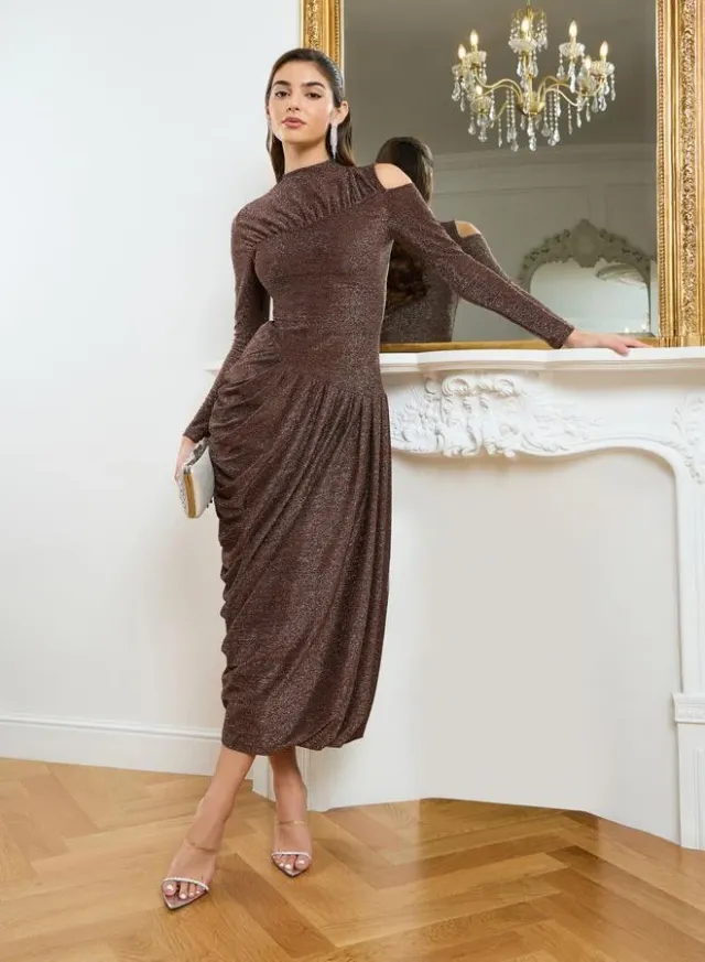 Women Brown Shimmer Knit Asymmetric Maxi Dress – image 2