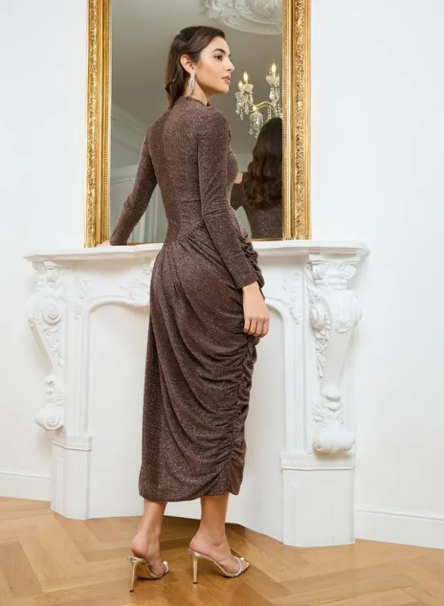 Women Brown Shimmer Knit Asymmetric Maxi Dress – image 4
