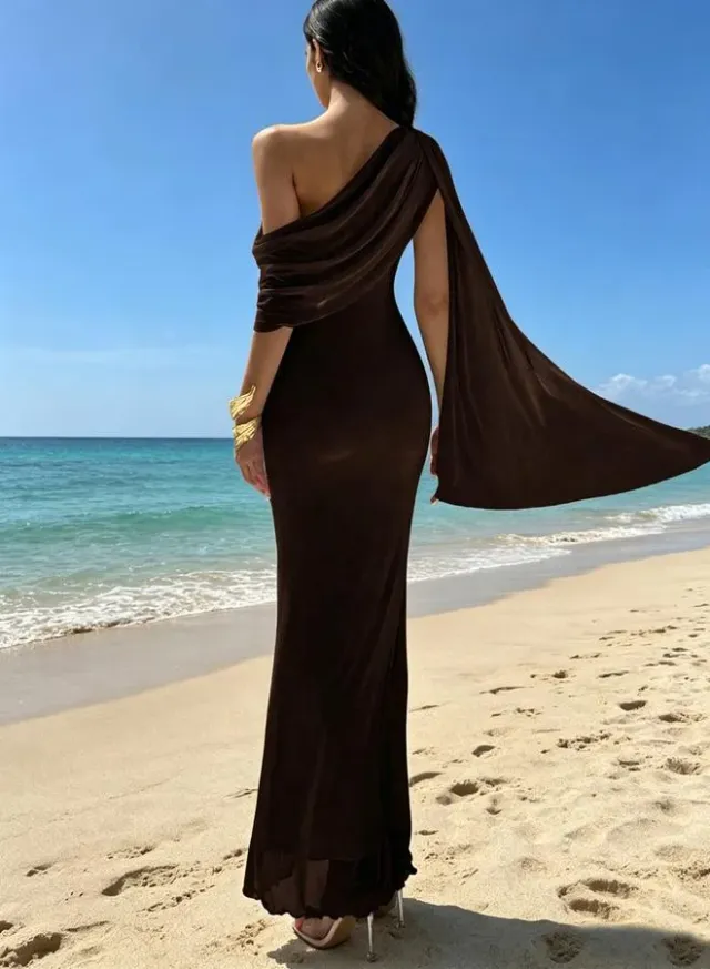 Red Asymmetric Neck Draped Bodycon Maxi Dress – image 3