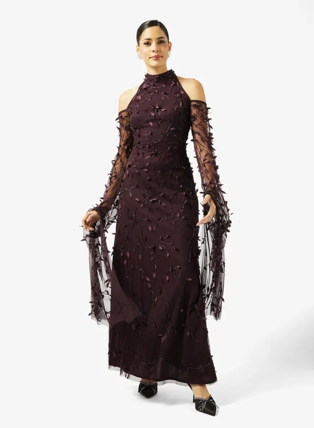 High Neck Embellished Sequin Cape Sleeve Maxi Dress