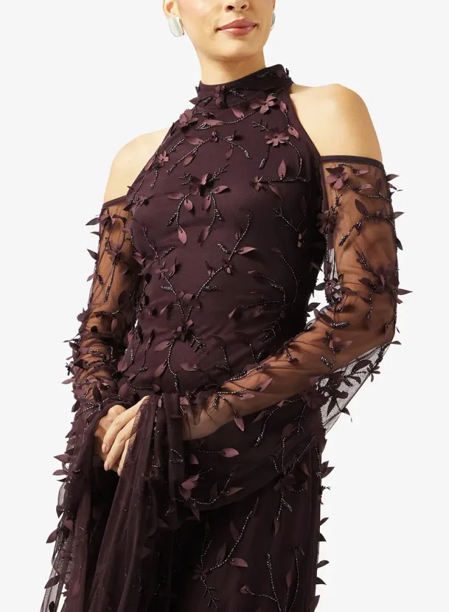 High Neck Embellished Sequin Cape Sleeve Maxi Dress – image 3
