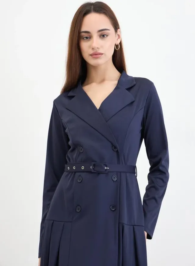 Navy Blue Belted Blazer Midi Dress – image 3
