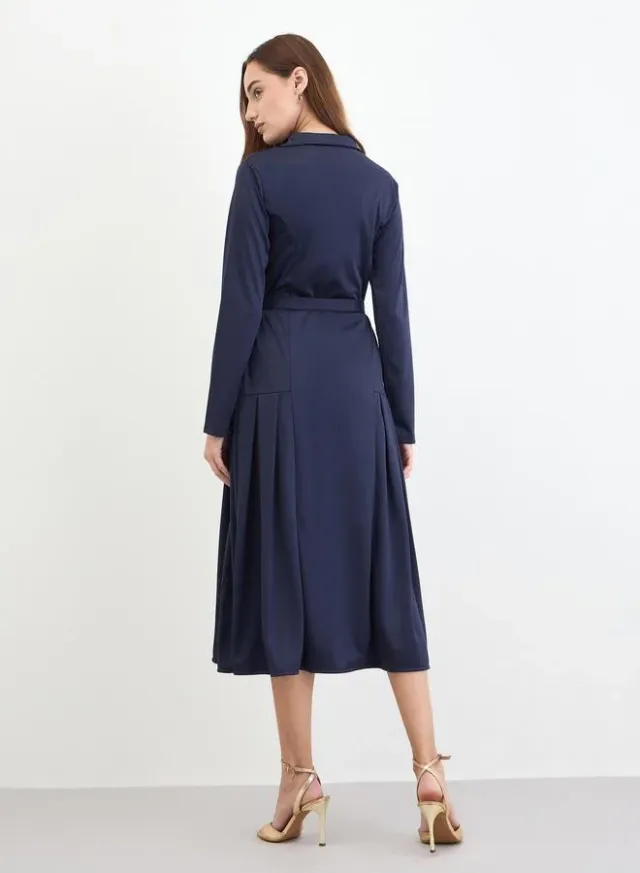 Navy Blue Belted Blazer Midi Dress – image 4