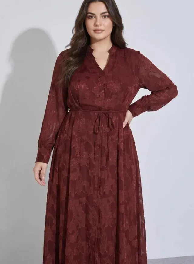 Plus Size Burgundy Tie-Up Waist Jacquard A-Line Maxi Dress – image 2