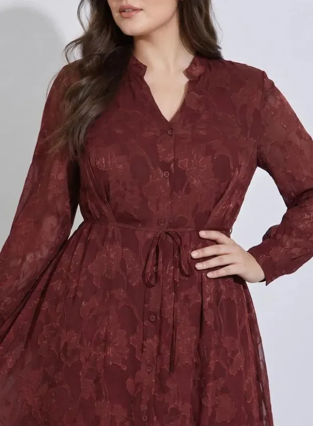Plus Size Burgundy Tie-Up Waist Jacquard A-Line Maxi Dress – image 3
