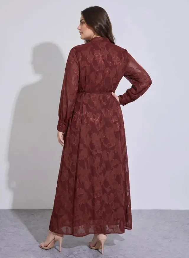 Plus Size Burgundy Tie-Up Waist Jacquard A-Line Maxi Dress – image 4