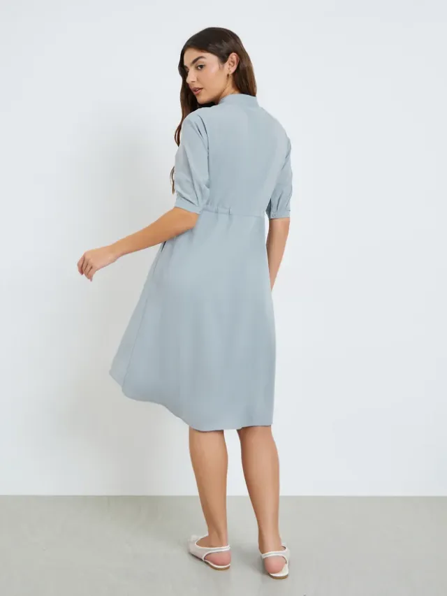 Grey Drawstring Waist Casual Midi Dress – image 5