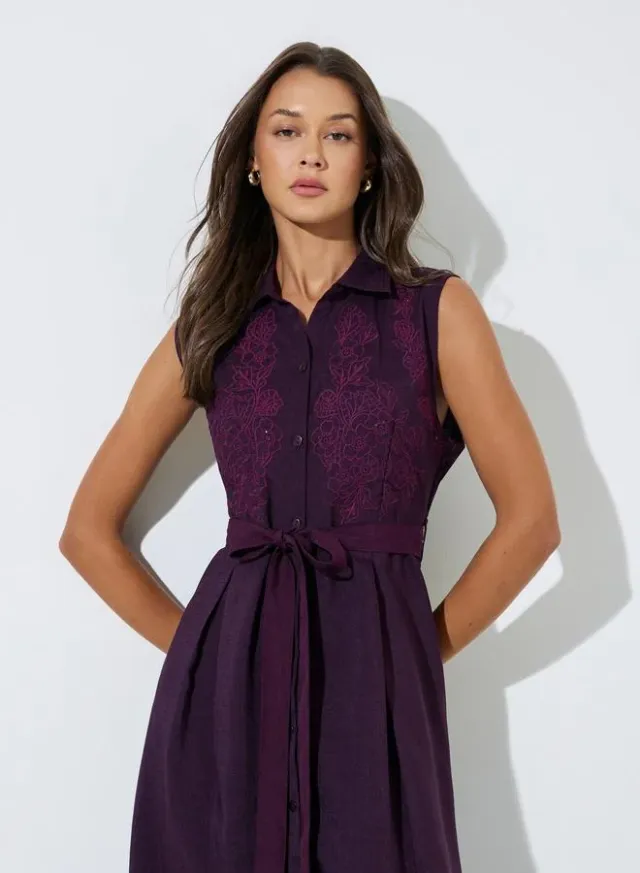 Burgundy Embroidered Belted Waist Shirt Midi Dress – image 2