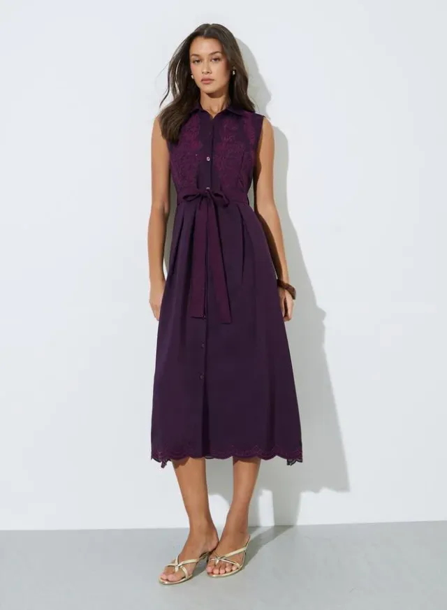 Burgundy Embroidered Belted Waist Shirt Midi Dress – image 3