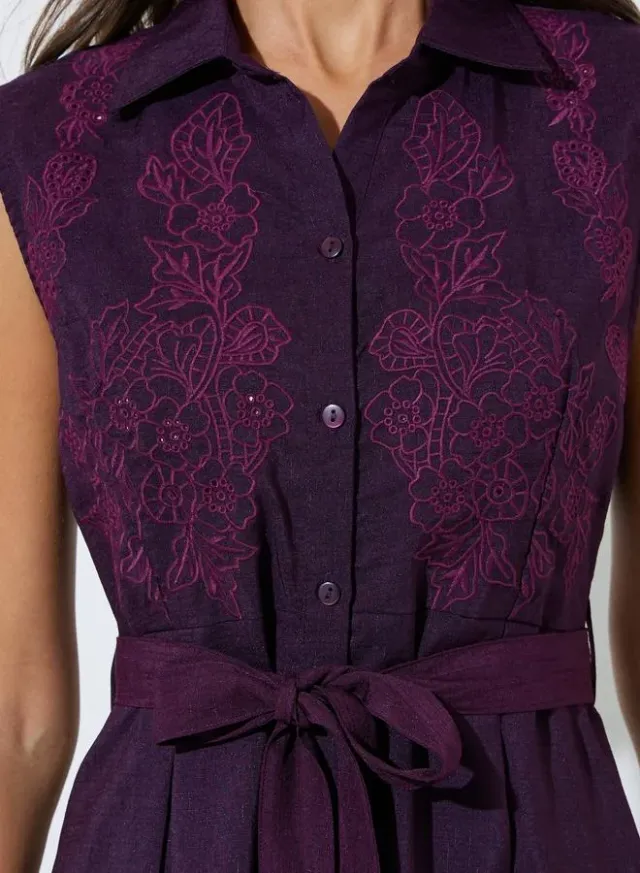 Burgundy Embroidered Belted Waist Shirt Midi Dress – image 4