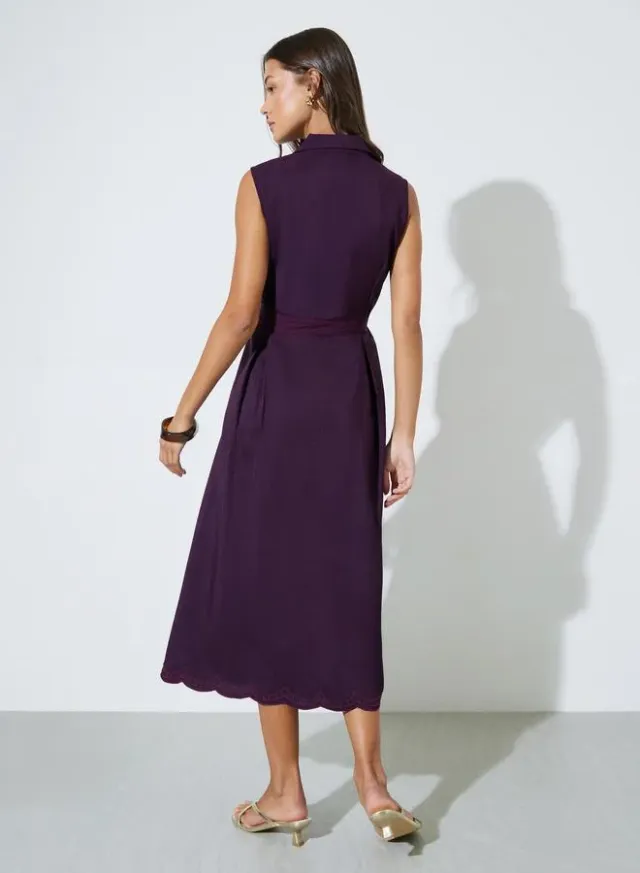 Burgundy Embroidered Belted Waist Shirt Midi Dress – image 5