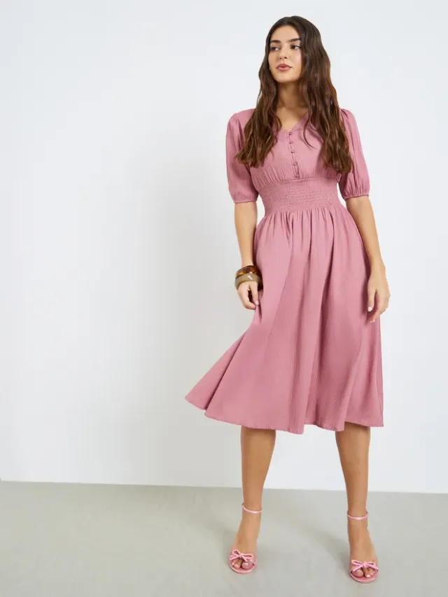 Green Pleated Midi Dress with Tie-Belt