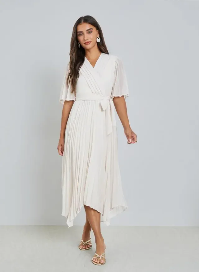 Green Pleated Midi Dress with Tie-Belt