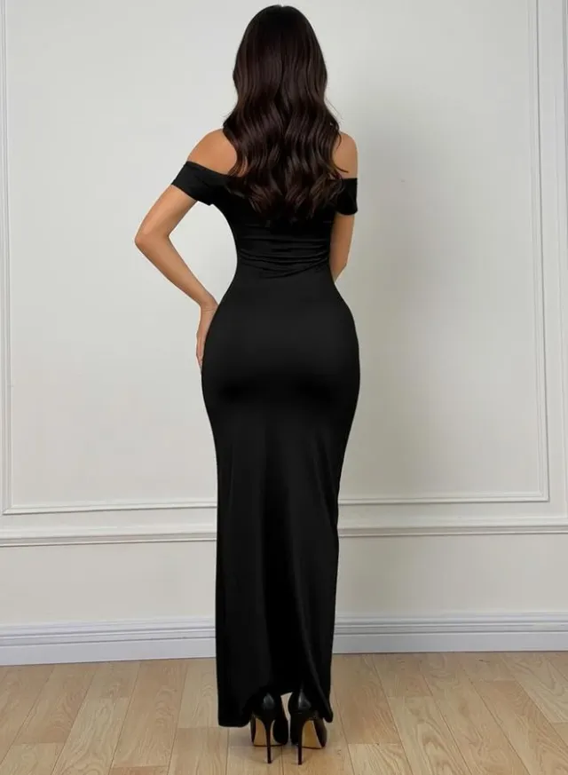 Black Off Shoulder Mermaid Hem Midi Dress – image 2