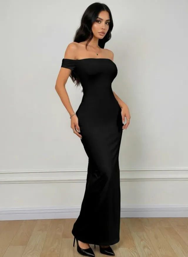 Black Off Shoulder Mermaid Hem Midi Dress – image 3