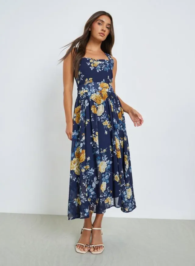 Yellow Floral Sleeveless A-Line Midi Dress