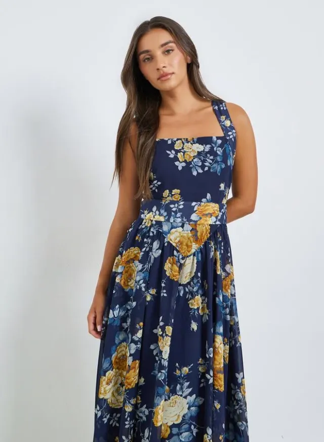 Yellow Floral Sleeveless A-Line Midi Dress – image 2
