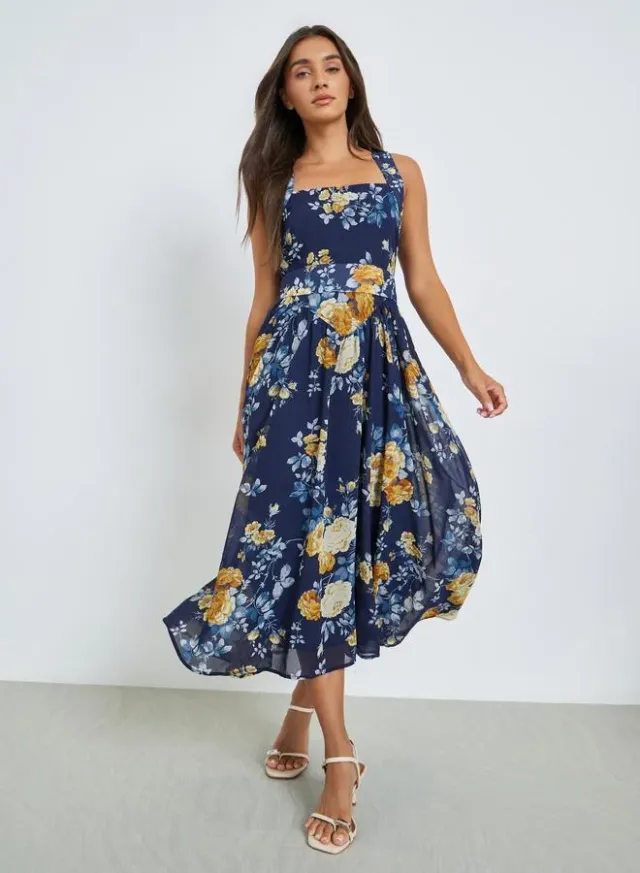 Yellow Floral Sleeveless A-Line Midi Dress – image 3