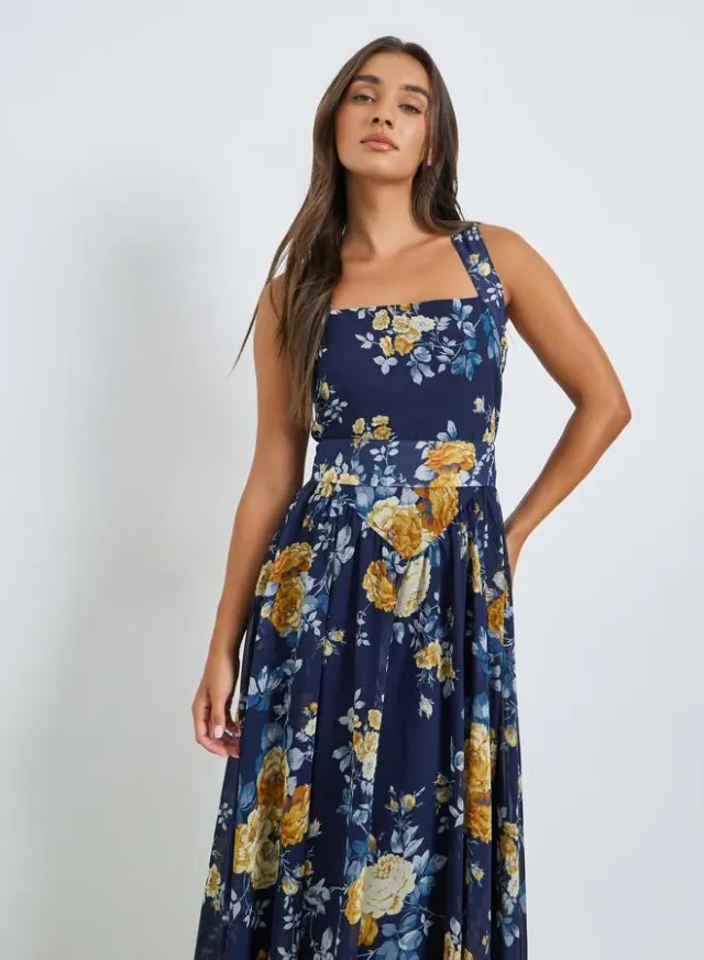 Yellow Floral Sleeveless A-Line Midi Dress – image 4