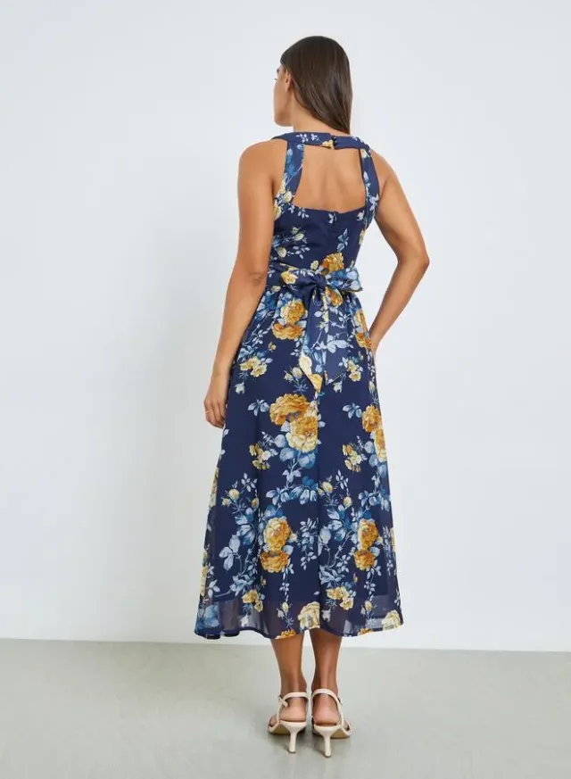 Yellow Floral Sleeveless A-Line Midi Dress – image 6