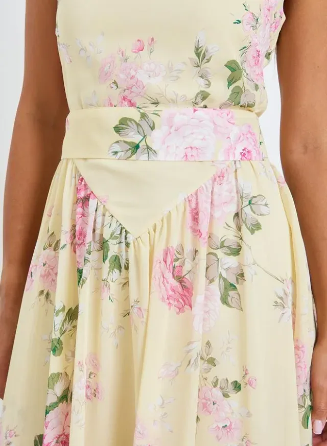 Yellow Floral Sleeveless A-Line Midi Dress – image 3