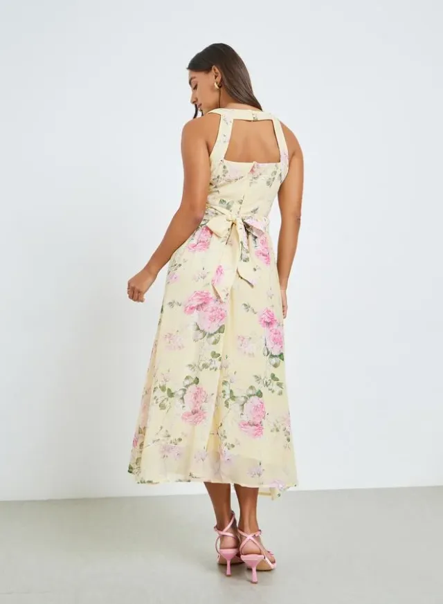Yellow Floral Sleeveless A-Line Midi Dress – image 4