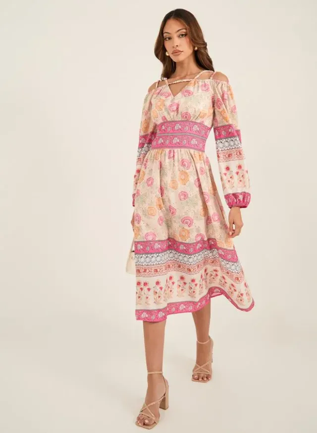 Brown Pleated Detail Midi Dress