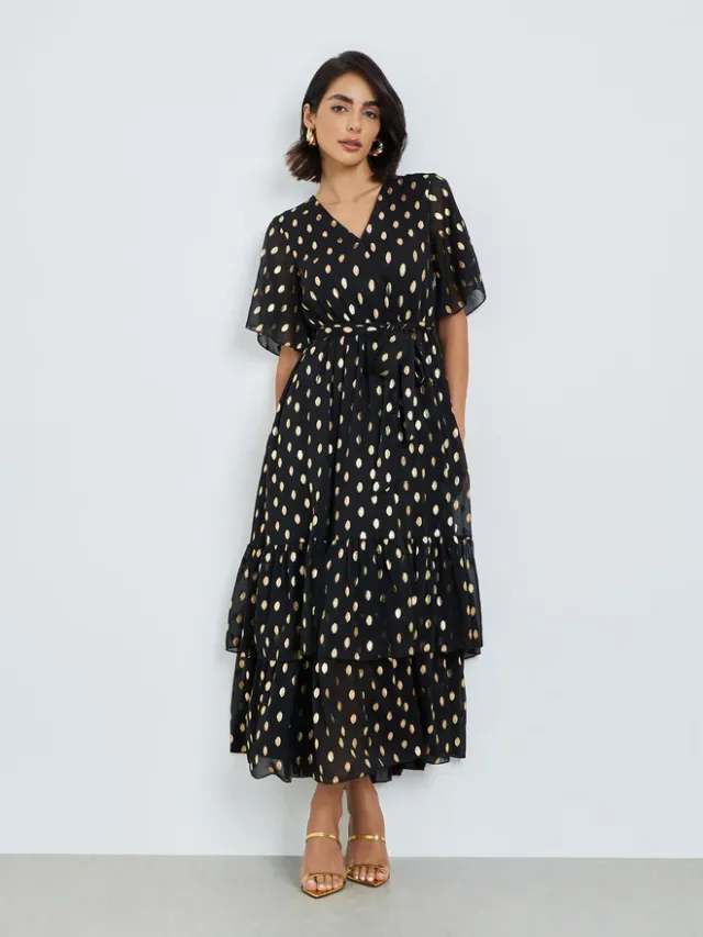 Black Foil Dot Print Layered Maxi Dress