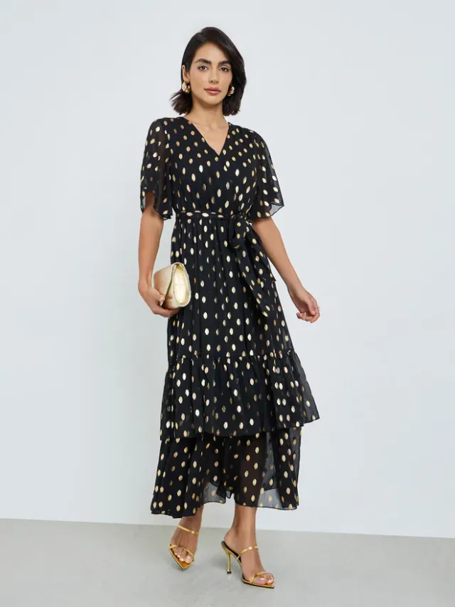 Black Foil Dot Print Layered Maxi Dress – image 3