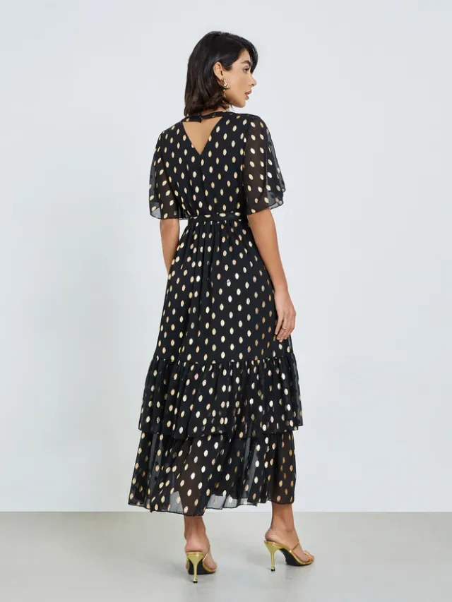 Black Foil Dot Print Layered Maxi Dress – image 5