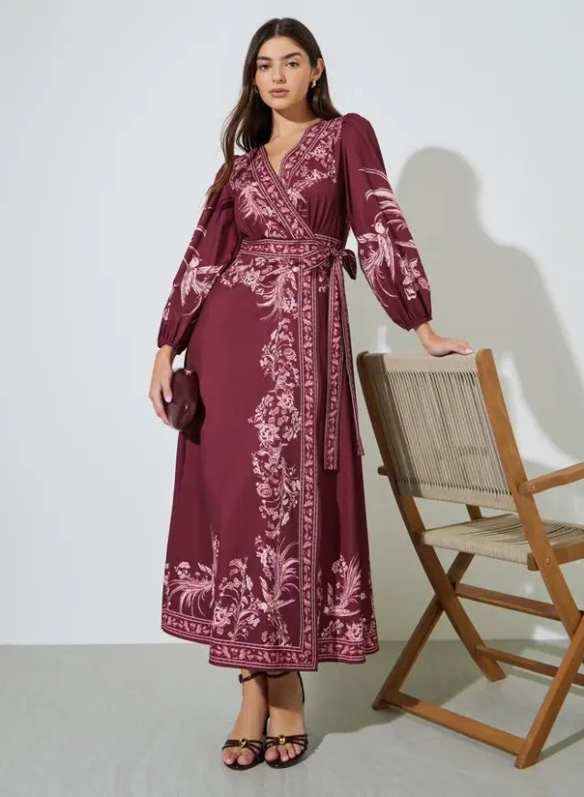 Burgundy Floral Print Tie-Up Waist Wrap Maxi Dress