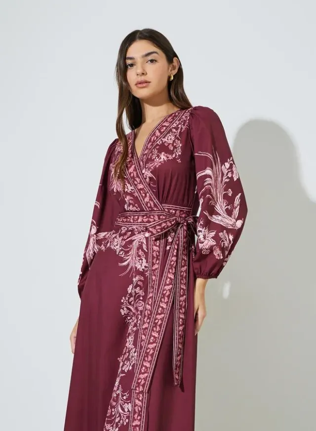 Burgundy Floral Print Tie-Up Waist Wrap Maxi Dress – image 2