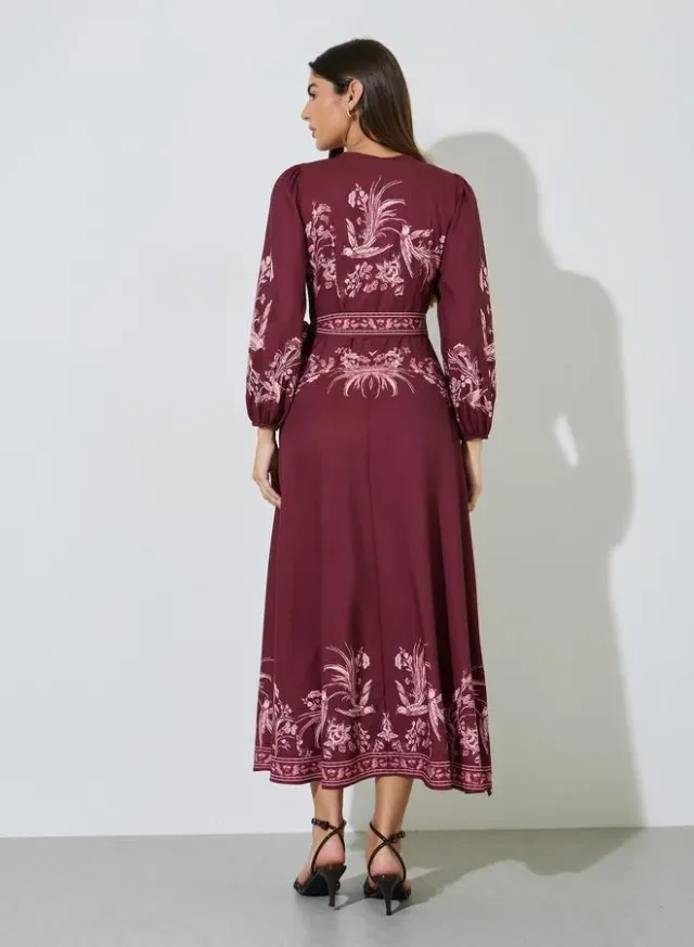 Burgundy Floral Print Tie-Up Waist Wrap Maxi Dress – image 3
