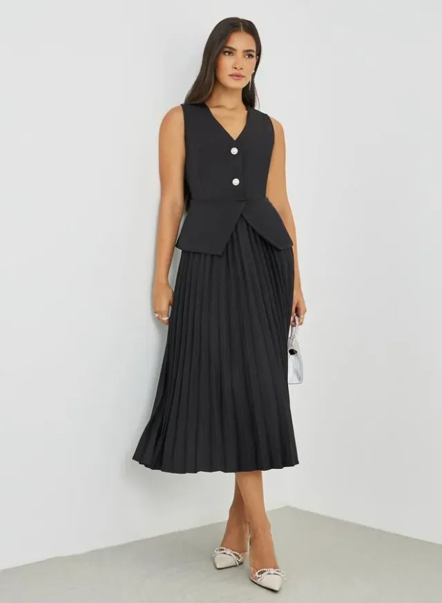 Pleated Sleeveless Blazer Midi Dress