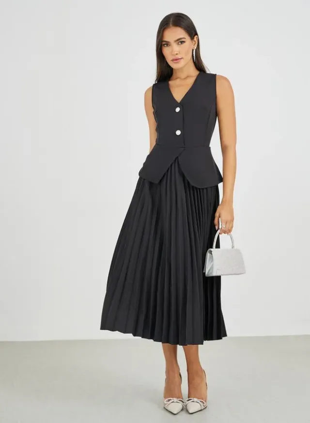 Pleated Sleeveless Blazer Midi Dress – image 2
